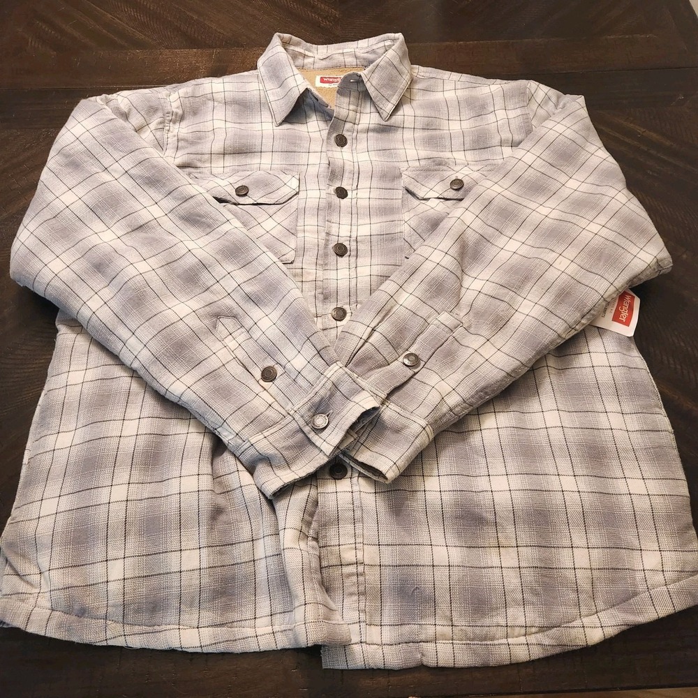 Wrangler Mens Insulated Flannel Button Plaid Quilted Shirt Shacket Warm Size: L